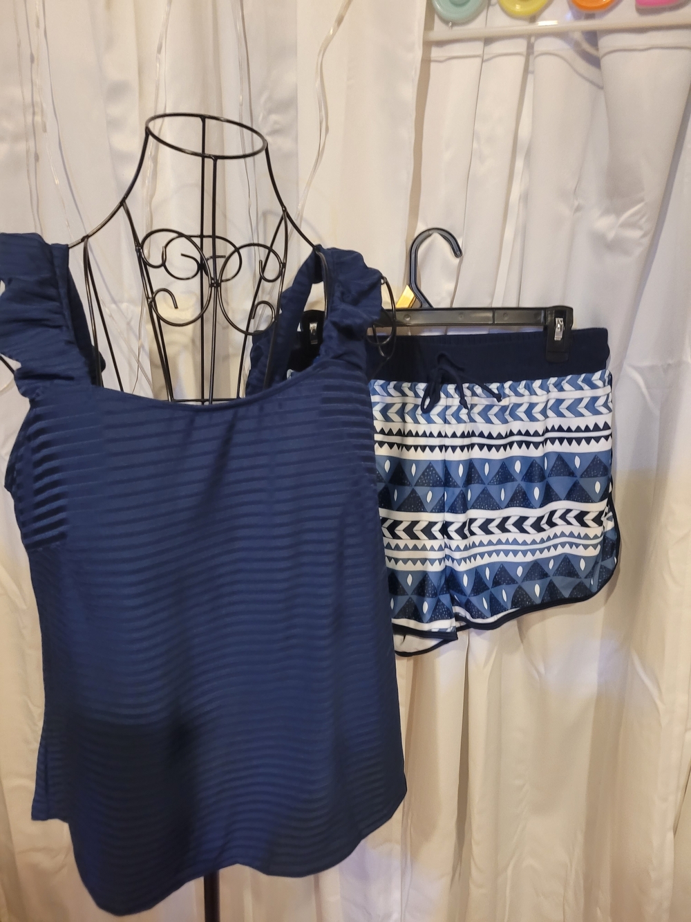 Amazon Navy Blue Tankini Top with Patterned Blue and White Swim Shorts